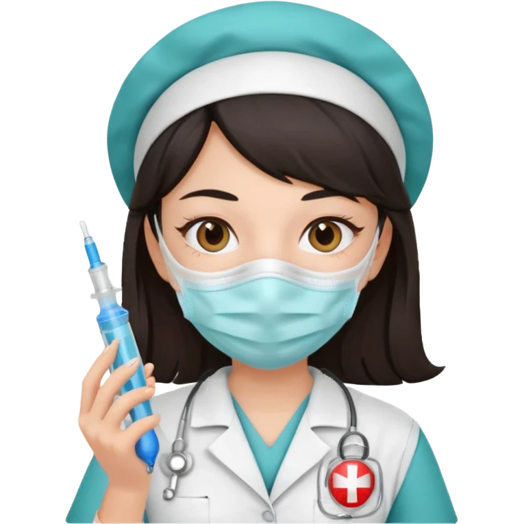 ی دختر با روپوش پرستاری و ماسک موی مشکی و امپول ب دست emoji