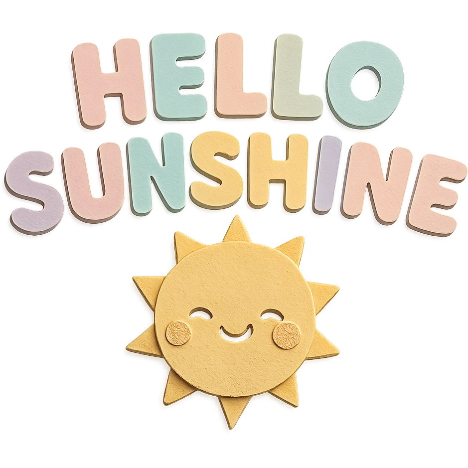 Kawaii sticker art "Hello Sunshine" in soft pastel rainbow bold soft letters, transparent PNG, no outline, paper craft style emoji
