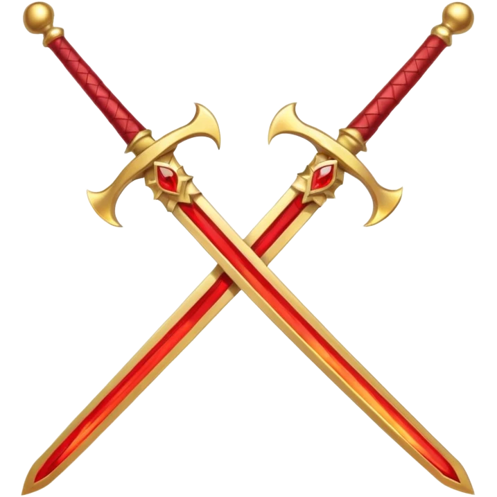 Two crossed swords that are golden in blade and handle and have fiery and royal appearence to them as well as red gem stones emoji