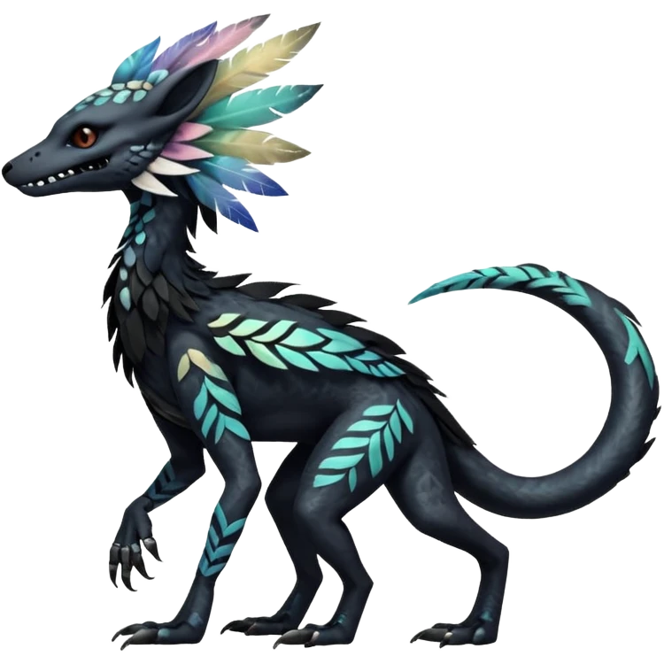 Rare realistic tribal patterned whitish pastel colorful iridescent shiny glossy feathery epic handsome gorgeous aesthetic black-skulled Vernid-Trico-Sergal-Salandit-Nargacuga-species-Fakemon-creature by LiLaiRa, 4 legs, 1 tail, random markings, (full body) long ears emoji