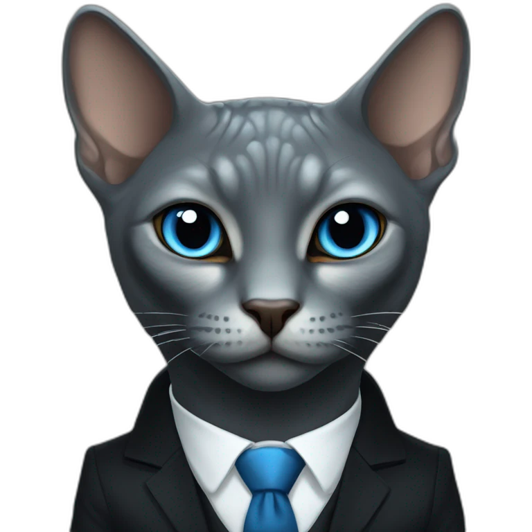 reptilian sphinx dark grey cat with blue eyes wearing black suit, portrait emoji