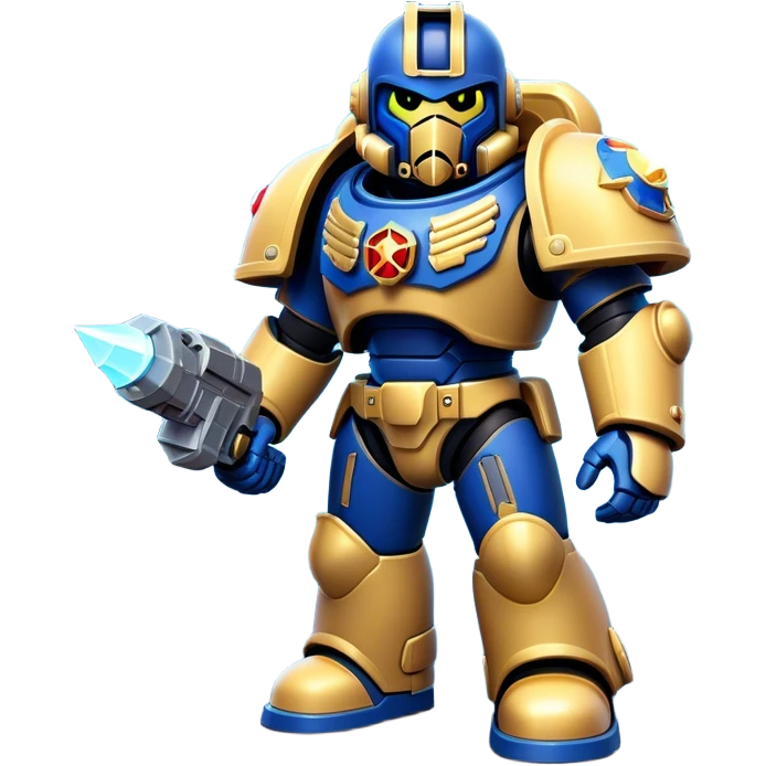 Clash of Clans aesthetic: Cinematic Playful Space Marine Hero Emoji, rendered in a 3D vector-style similar to standard emojis with minimal shading and bold, simplified shapes. A compact, heroic isometric figure clad in futuristic power armor with signature energy accents, softly glowing with a cosmic battle charm. Simplified yet unmistakably iconic, highly detailed and consistent, glowing with a soft radiant shine and high gloss. Stylized with a touch of interstellar valor and a soft glowing outline, capturing the essence of an elite space warrior with a friendly, playful manner! emoji