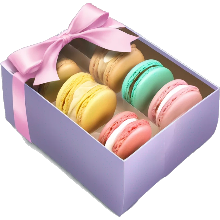 Realistic flat transparent clear take away food box with pastel macaron cookies inside the box with ribbon bow tied around the box. emoji