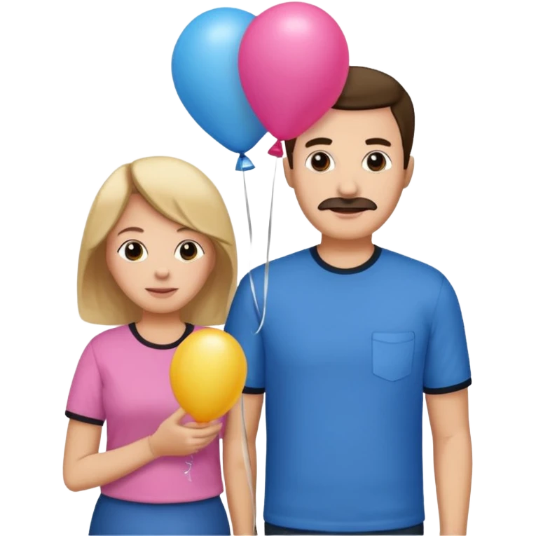 Mom in pink shirt dad in blue shirt holding 1 baloon black emoji