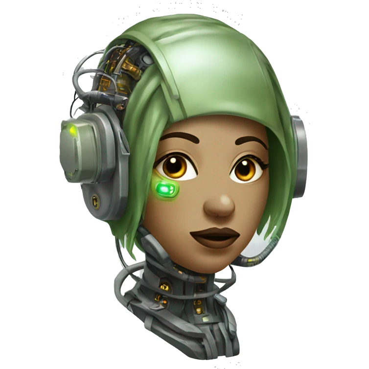 Olive green hair female cyborg head with respirator mask and circuits emoji