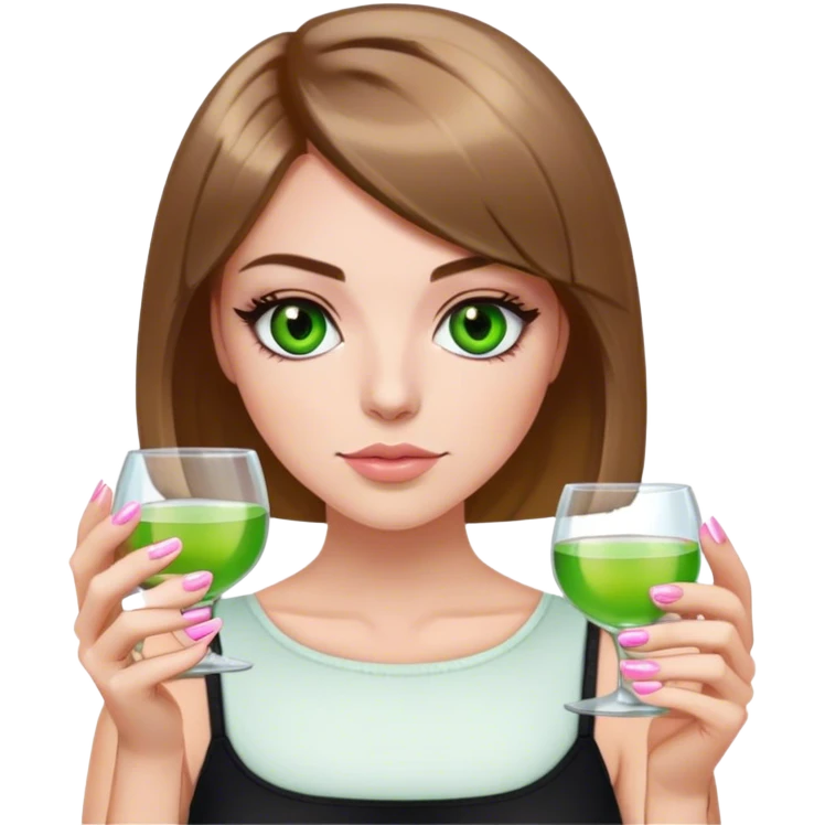 green eyes light brown hair white girl with short bob no bangs with a shot of tequila wearing black light pink nails emoji