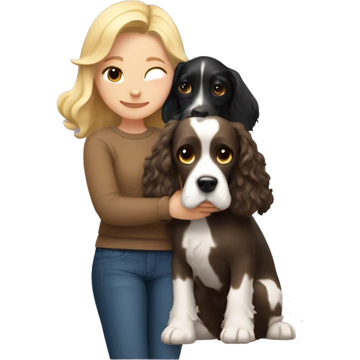 A blonde girl in a brown sweater hugs a black and white English Cocker Spaniel dog emoji