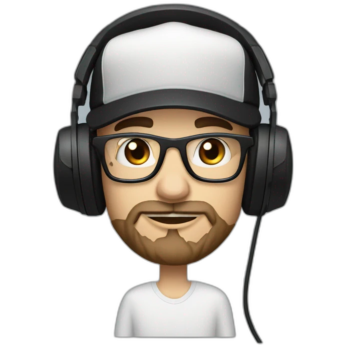 scruff white man in a backwards baseball black hat and rectangle glasses wearing headphones with microphone - brown hair emoji