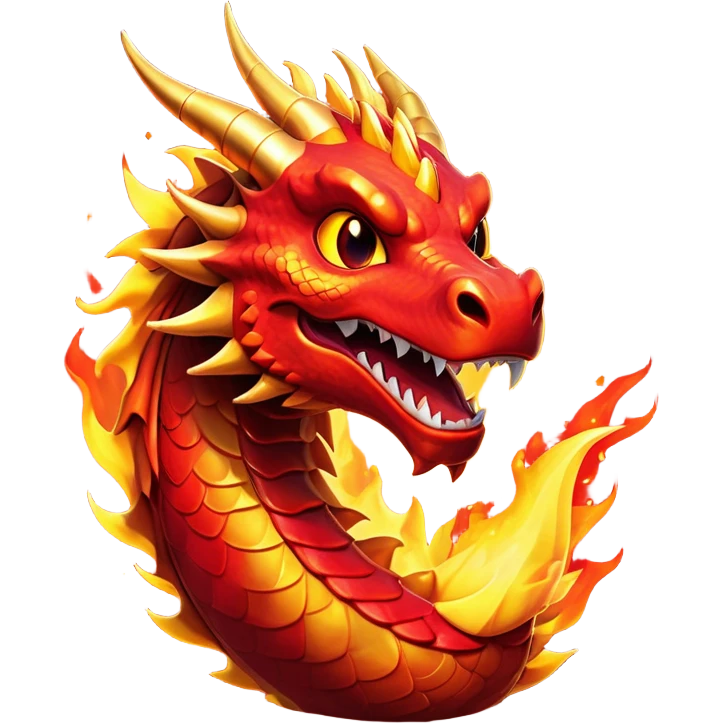 Cinematic Comical Fierce Fire Dragon Portrait Emoji, Head tilted dramatically with an exaggeratedly amused expression, featuring a striking, flame-draped body with bold, blazing scales in intense red and molten gold, and eyes twinkling with fiery mischief; rendered with vivid, lifelike textures and dynamic, flickering shadows, high shine, dramatic yet playful, styled with an air of cheeky volcanic mischief, soft glowing outline, capturing the essence of a spirited and over‐the‐top inferno that looks ready to burst into a cascade of playful embers! emoji