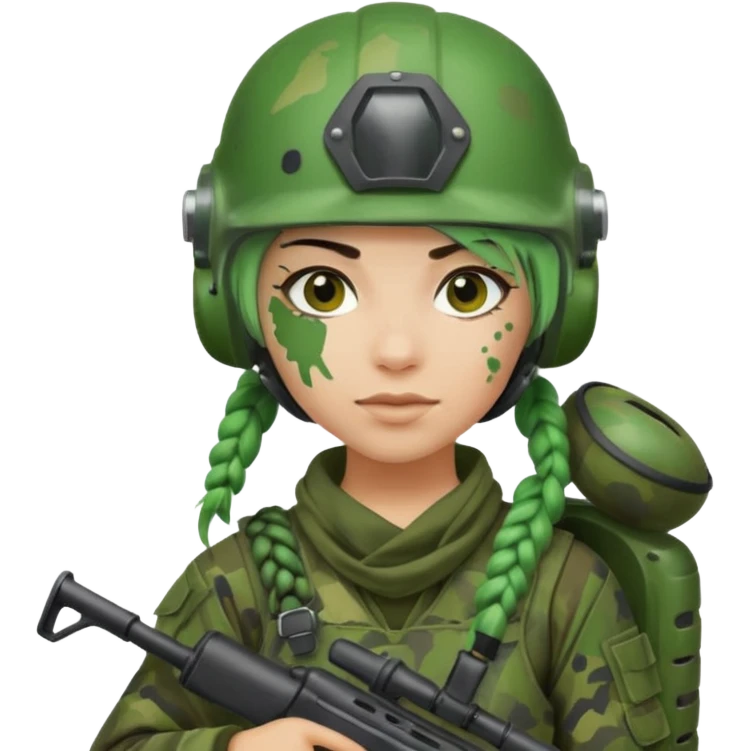 paintball player with geared face braided green hair emoji
