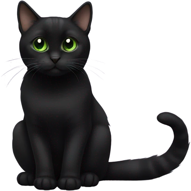 Black munchkin cat sitting with green eyes emoji