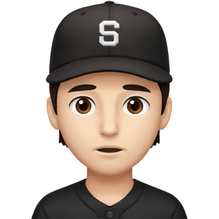 male, dark brown hair, dark brown eyes, fair skin, black baseball hat, no teeth emoji