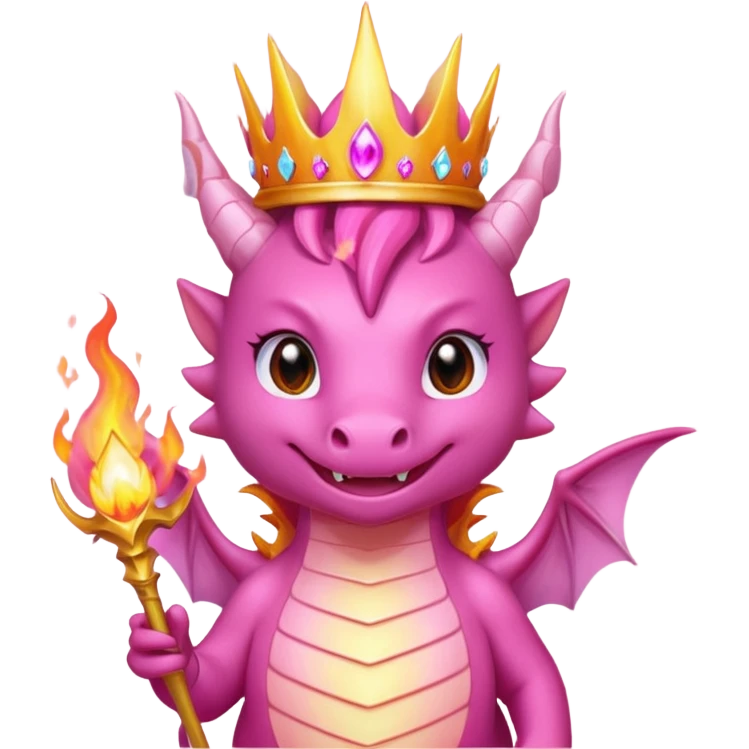 cute pink dragon queen with glowing magic flame in front of mouth, pink and orange energy flame, sparkling aura, crown, kawaii fantasy style, transparent background, twitch badge emoji