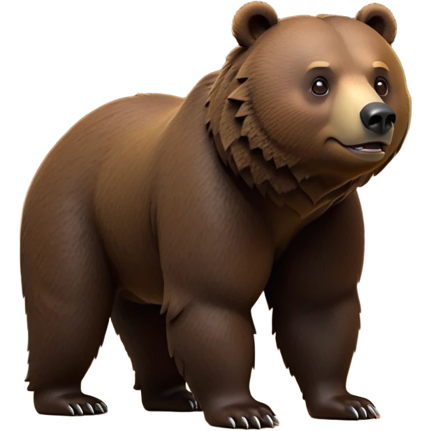 cinematic-[grizzly bear]-realistic-full-body-standing on all fours-emoji,-tail-tucked-close,-head-tilted-dramatically,-thick-[dark brown]-fur,-simplified-yet-realistic-focused-features,-highly-detailed,-glowing-with-an-almost-sarcastic-glow emoji