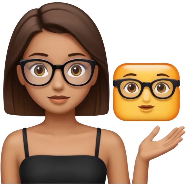 Imagine a pretty girl with slightly light brown skin with big brown eyes and glasses. She has straight brown hair in a slick back and is wearing a black tube top emoji