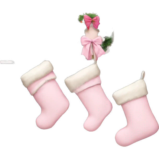 4 pale pink Christmas stockings hanging from a light brown fireplace mantle  emoji