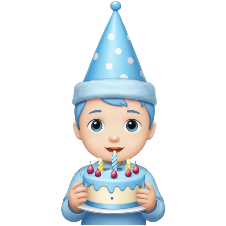 cute baby boy with pastel blue birthday hat and blue cake emoji
