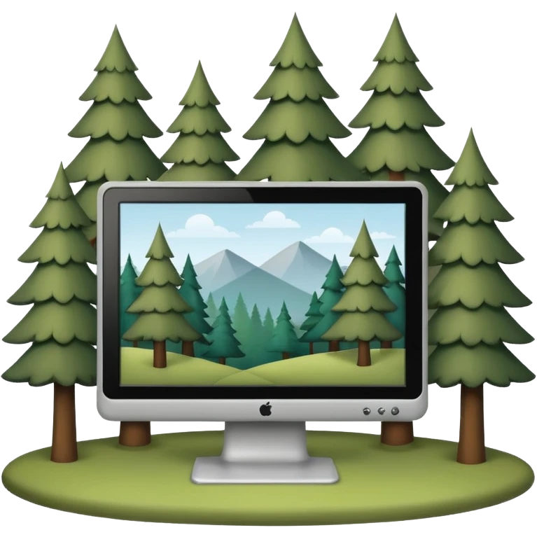 Minimalistic flat vector icon, iOS style, thin black contour on white background. Computer monitor with a simple forest scene on the screen (trees, minimal landscape). Clean, no text, no shadows emoji