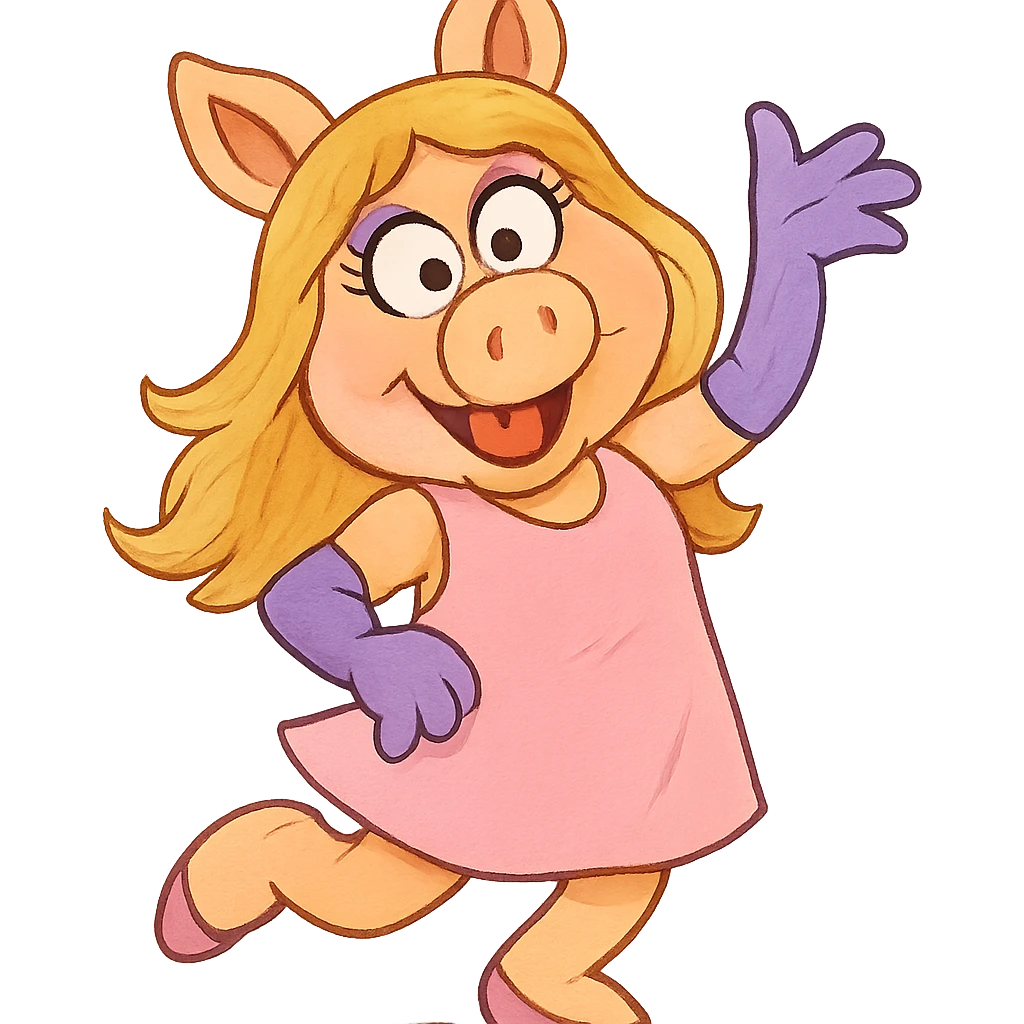 Miss Piggy with cross eyes, cute and silly, light background, fun pose emoji