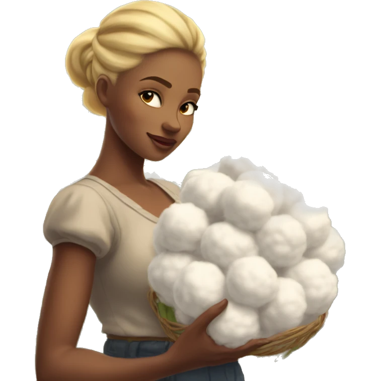 Down to earth, beautiful, southern woman, standing in a cotton field with blonde hair pulled up in a bun, bending at the waist to intimately pick up a piece of cotton emoji