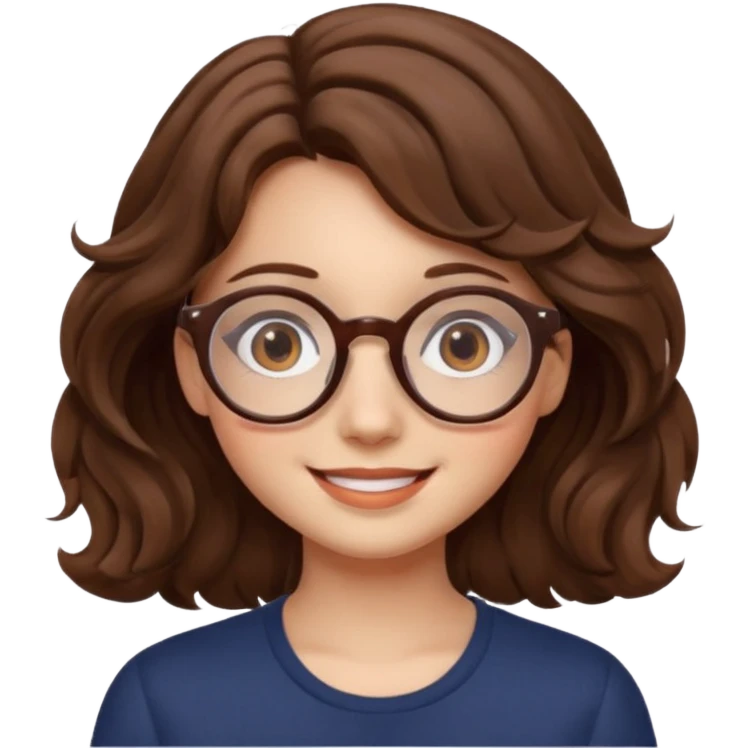 girl brown hair wavy. round glasses eye emoji