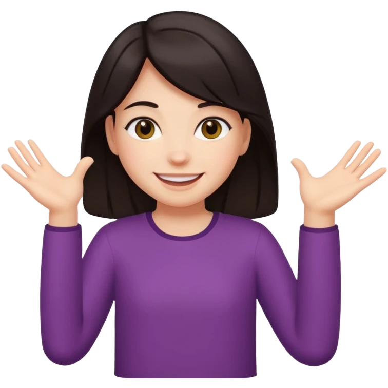 Dark hair girl holding arms out with smile emoji
