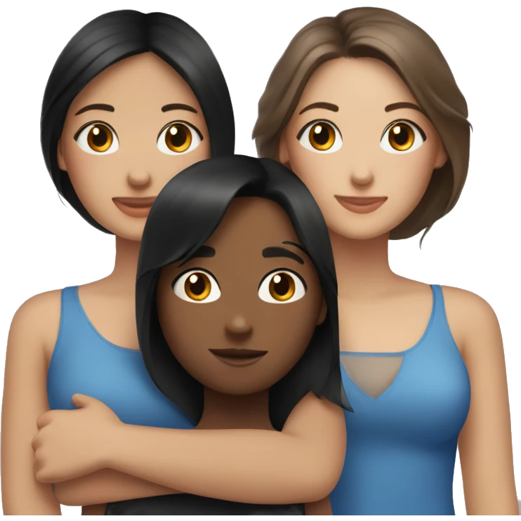 Two girlfriends hug, one with black hair and blue eyes, the other with brown hair and brown eyes emoji
