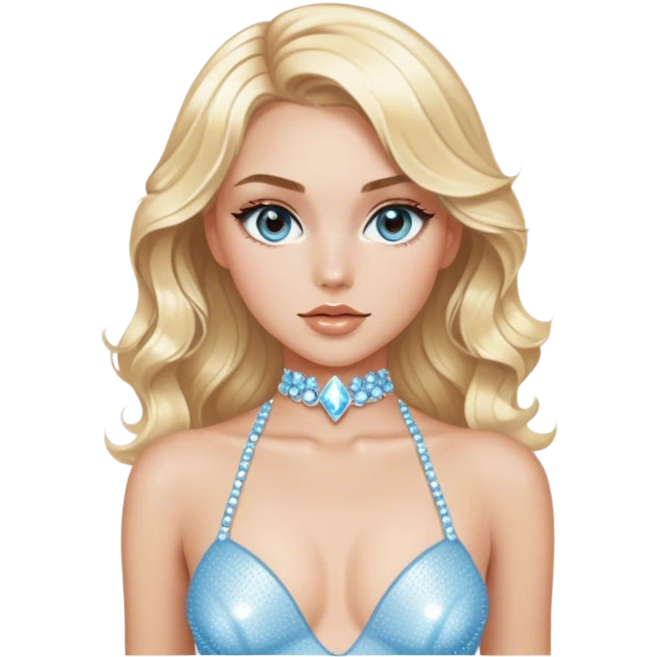 Luxury blonde model, brown eyes, sleek wavy hair, diamanté rhinestone covered light blue bodysuit  emoji