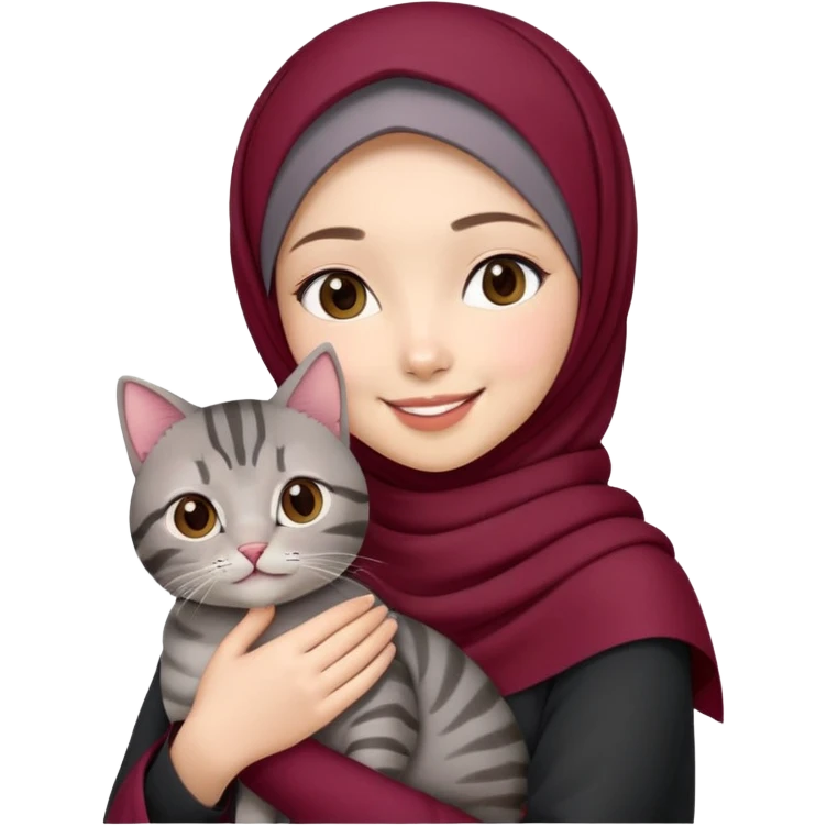 Asian white girl wearing cute maroon hijab holding a black grey tabby cat while smiling emoji