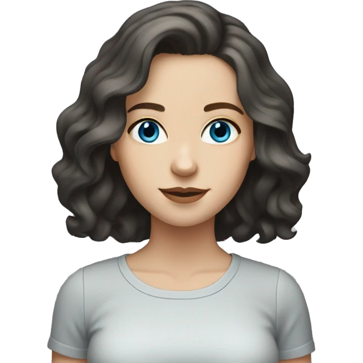 Brunette white girl with blue-grey eyes and medium length wavy hair in a black shirt emoji