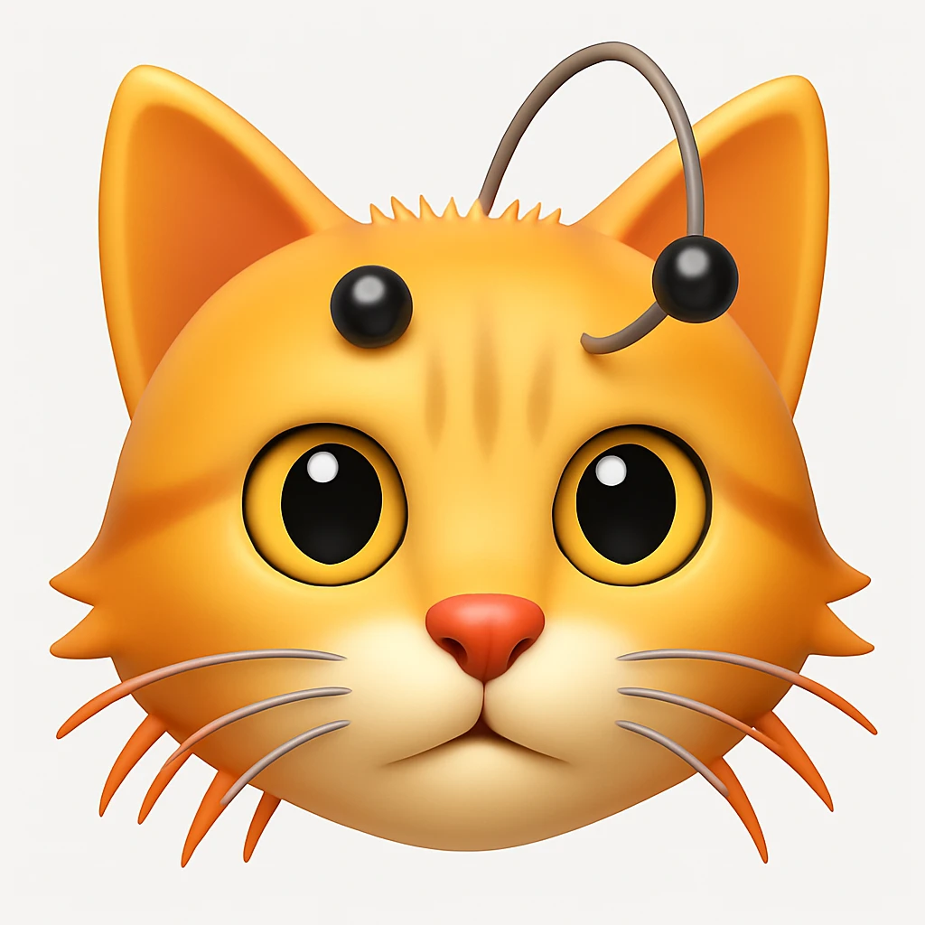 Make a cat face emoji that looks exactly like the reference image, in iOS emoji style. 3D, shiny, smooth gradients, soft shadows, realistic cat face, classic emoji look. emoji
