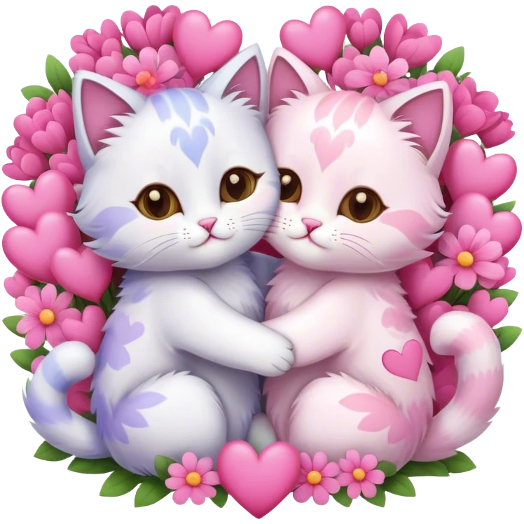 Cute cats hugging each other surrounded by pink hearts and flowers  emoji