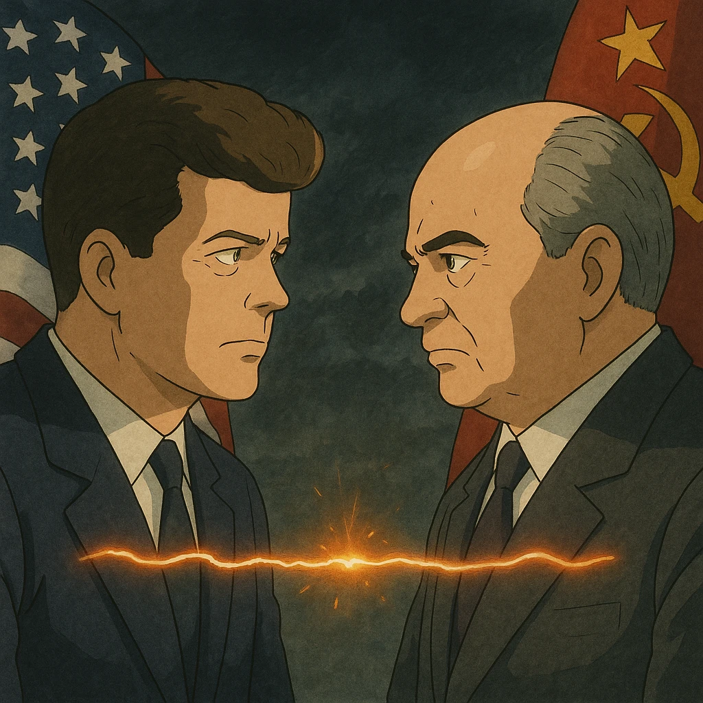 realistic illustration of John F. Kennedy and Mikhail Gorbachev facing each other, a glowing hot wire connecting them, US and Russian flags, tense Cold War atmosphere emoji