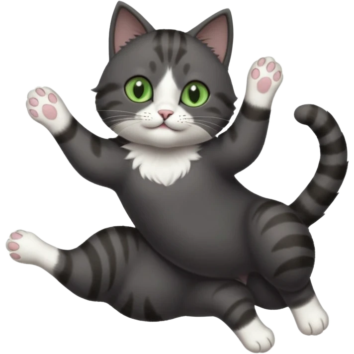 solid dark grey cat with green eyes, white toes/paws and white patch on her chest playfully rolling upside down emoji