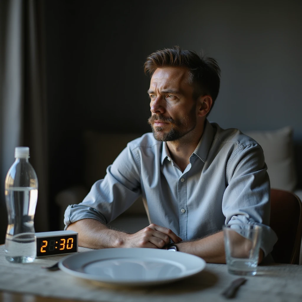 hyperrealistic 4K image of a man sitting at a table with an empty plate, next to a digital clock showing clearly '23:00', a bottle of water and a glass, serene but slightly tired expression, minimalist Zen environment, soft natural light, detailed facial features emoji