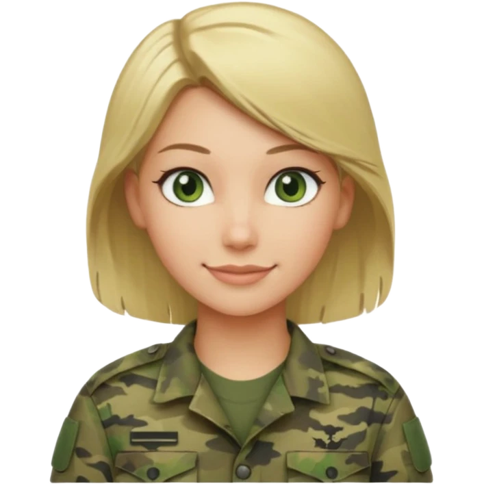 Apple-style emoji: female soldier, bust, no cap/helmet, friendly smile, generic camo top, blonde hair emoji