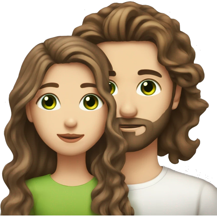 Girl with brown long wavy hair and green eyes kissing man with brown hair and beard with brown eyes emoji