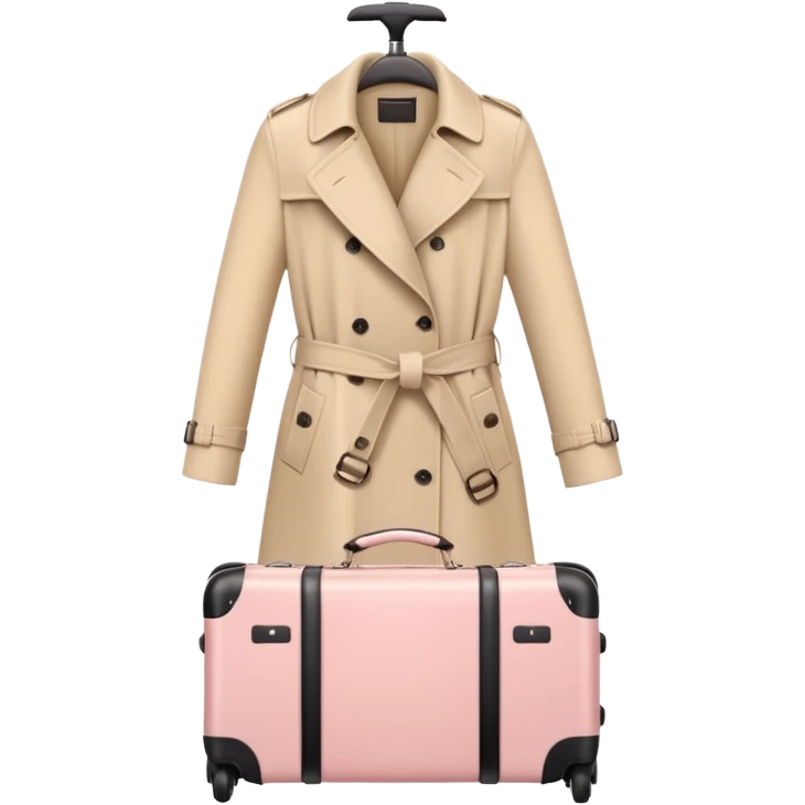 Beige trench coat draped over pastel pink carry-on luggage, minimal backdrop emoji