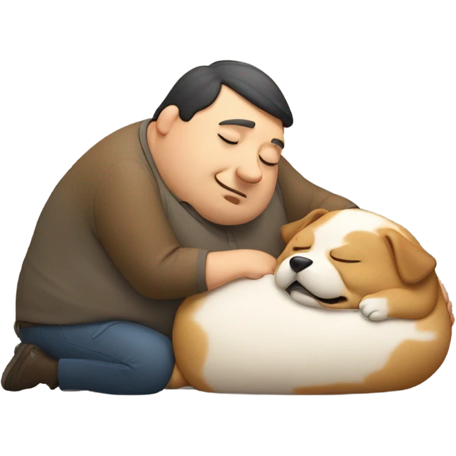 A dog sleeps on a chubby man emoji
