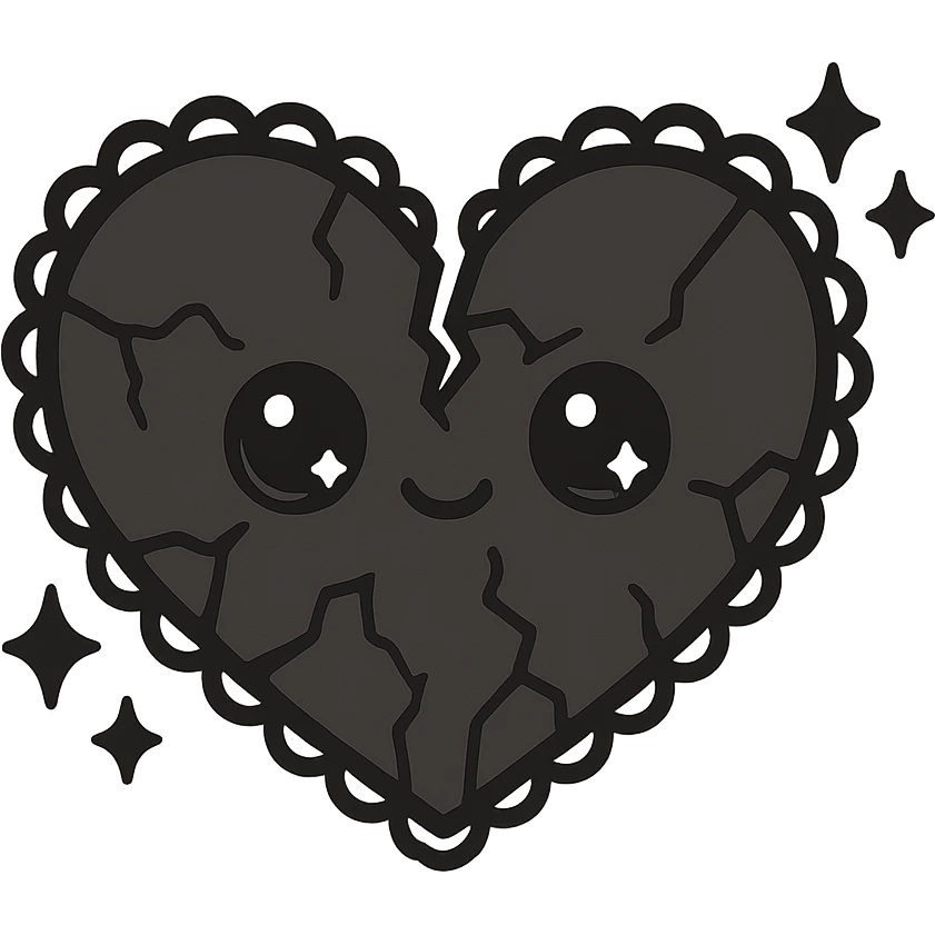 black gothic heart, shattered, ornate, dark, elegant, kawaii style, with cute sparkles emoji