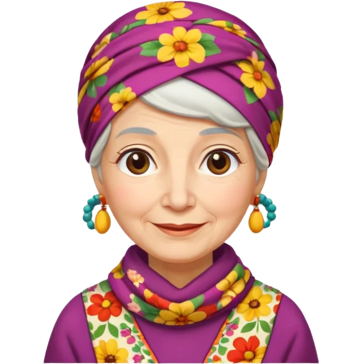 A kind old Russian village grandmother emoji — elderly woman wearing a bright floral headscarf tied under her chin, colorful patterned dress, warm smile, simple rural look. Flat minimal emoji style, clean Apple-like design. emoji
