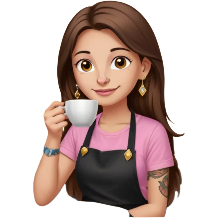 Fille cheveux long châtain, peau beige type européen yeux marron, teeshirt rose avec un tablier noir, piercing au nez anneau doré, boucle d’oreille diamant doré. Elle boit un café Tatouage à la gorge emoji