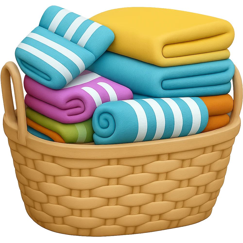 Make the wicker basket a little lighter in color, keep towels and socks overflowing with folded towels on top, in the style of emoji. Remove the background. emoji