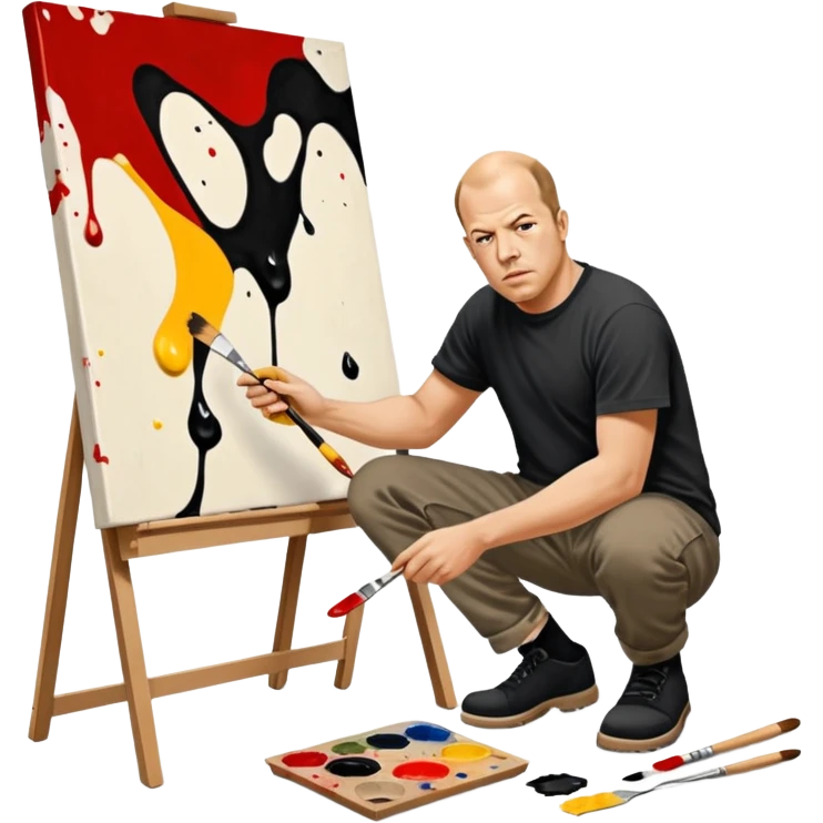 Jackson pollock the abstract artist flicking black white and red paint from a brush onto a canvas at his feet emoji