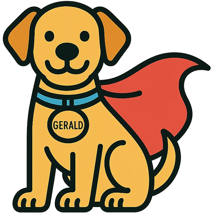 playful dog named Gerald wearing a superhero cape colorful outlined icon style emoji