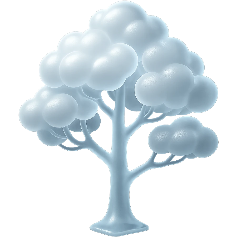 one tree with many branches and a white trunk, crown made of small very bright white fluffy convex clouds, matte glass style emoji