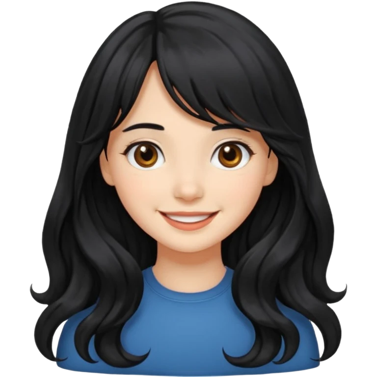 Please generate a portrait of a pretty girl with long, wavy, black hair. She's smiling. She also wears a middle parting and bangs. emoji