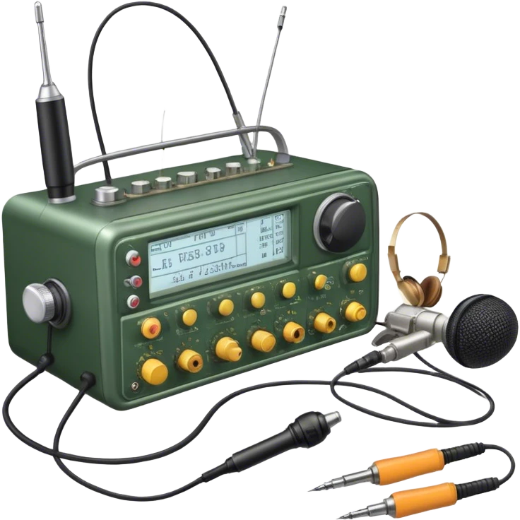 A photorealistic icon featuring a ham radio transceiver, headphones, microphone, antenna, radio equipment like soldering tools and cables, soldering iron in use. The design includes detailed textures and realistic lighting. Transparent background. emoji