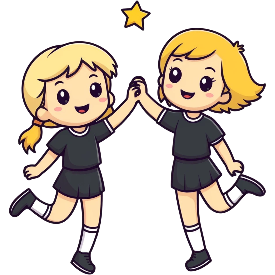 a blonde girl and brunette girl celebrating  emoji