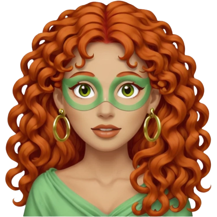 red haired very long curly haired woman with full face light green clay mask  and big earrings  emoji